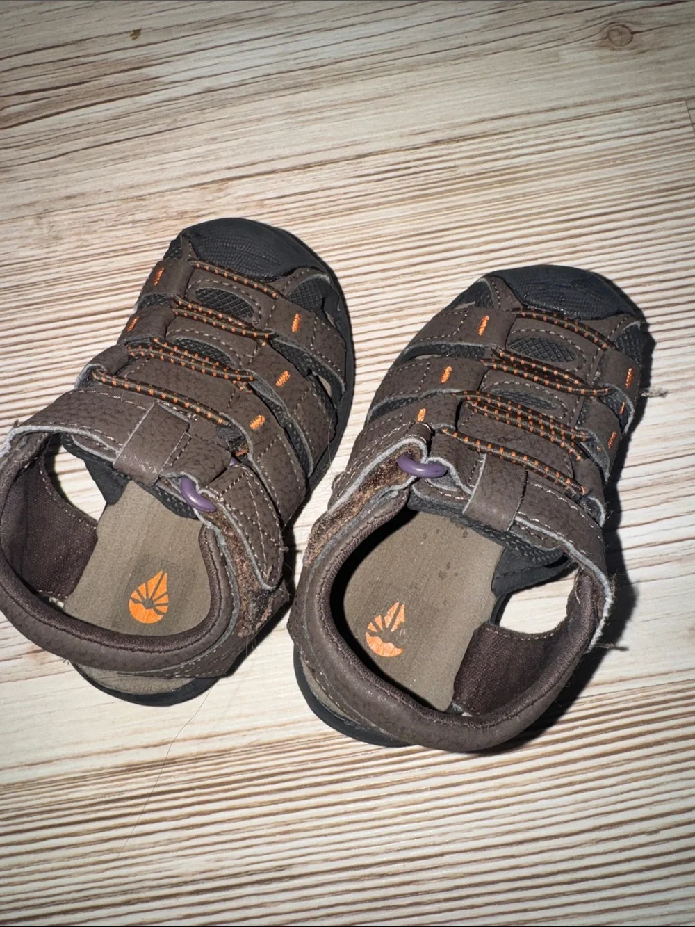 Brown Kids Closed-Toe Sandals with Orange Stitching - Brand Unknown
